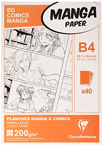 Clairefontaine 94049C Manga Etui BD/Comic (DIN B4, 27,5 x 37,4 cm, 40 Blatt, 200 g, geeignet für Filzmarker mit Alkohol, Packung mit 40 Bögen) weiß von Clairefontaine