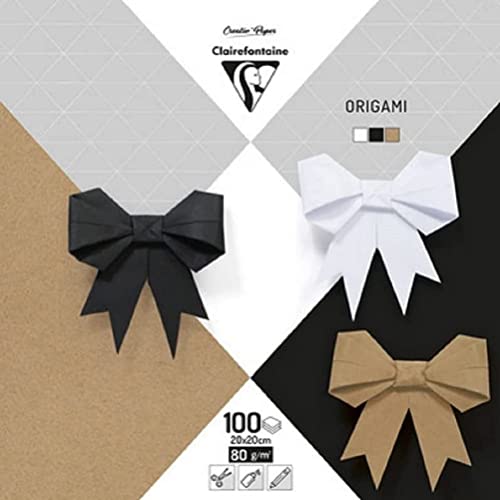 Clairefontaine 95006C Packung mit 100 Blatt Origamipapier einfarbig, 20 x 20cm, 80g, 1 Pack, schwarz, Weiß & Kraft von Clairefontaine