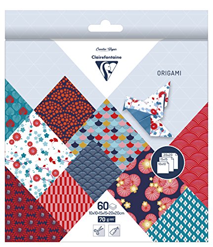 Clairefontaine 95347C - Pack mit 60 Blatt Origamipapier, mit 3 Formaten, 10 x 10cm, 15 x 15cm, 20 x 20cm, 70g, 1 Pack, Hanayo von Clairefontaine