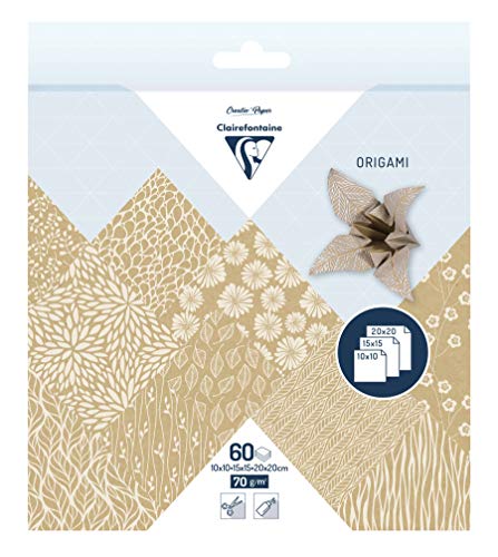 Clairefontaine 95355C - Packung mit 60 Blatt Origamipapier, in 3 Formaten (10x10 cm, 15x15 cm, 20x20 cm), Motiv sortiert, Kraft floral von Clairefontaine