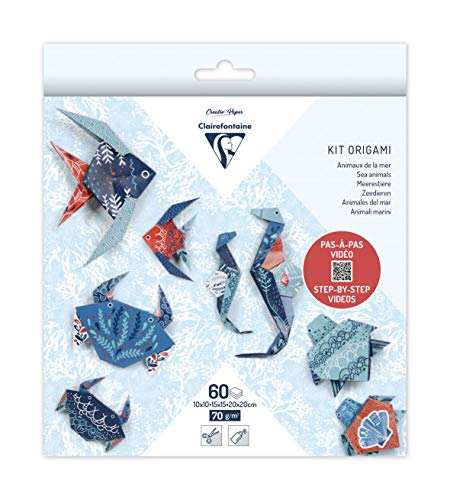 Clairefontaine 95367C - Packung Origami Papier mit 60 Blatt, beidseitig bedruckt, 3 Formate, 10x10 cm, 15x15 cm, 20x20 cm, 70g, Meerestiere, 1 Pack von Clairefontaine