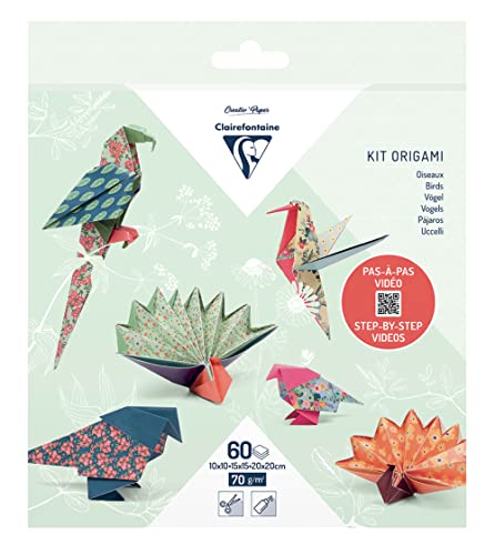 Clairefontaine 95382C - Origami Set mit 60 Blatt 10x10cm - 15x15cm - 20x20cm 70g, Vögel, 1 Set von Clairefontaine