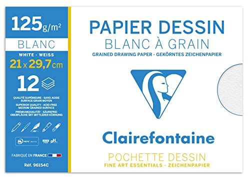 Clairefontaine 96154C Mappe Zeichenpapier (125 g, 21 x 29,7 cm, 12 Bögen, ideal für Kunstunterricht, geleimt) weiß von Clairefontaine