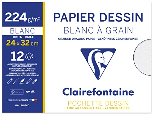 Clairefontaine 96176C Mappe Zeichenpapier (224 g, 24 x 32 cm, 12 Bögen, ideal für Kunstunterricht, geleimt) weiß von Clairefontaine