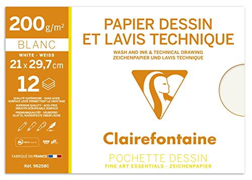 Clairefontaine 96258C Mappe Zeichenpapier (ideal für technische Zeichnungen, DIN A4, 21 x 29,7 cm, 12 Bögen, 200 g) weiß von Clairefontaine