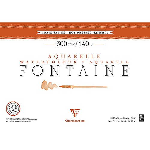 Clairefontaine 96346C Aquarellblock Fontaine Satiné (100% Hadern, feinkörnig, glatt, für Nass- und Trockentechniken geeignet, säurefrei, 300g, 36 x 51 cm, 20 Blatt) weiß von Clairefontaine