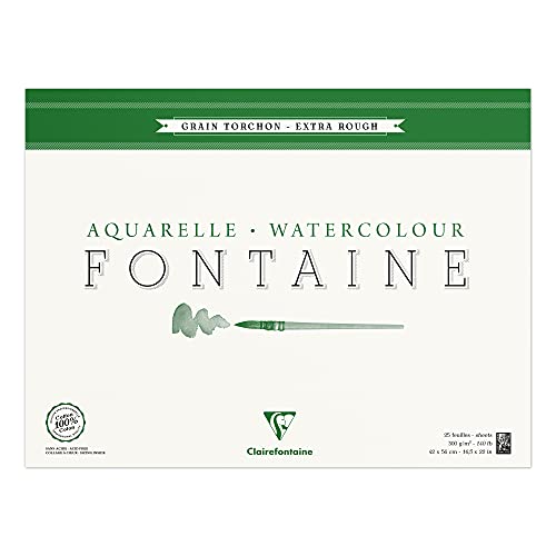 Clairefontaine 96432C Malblock, 4-seitig verleimt Aquarellpapier Grobkorn Torchon, Fontaine/Hadern, 42 x 56 cm, 25 Blatt, 300 g Packung, weiß von Clairefontaine