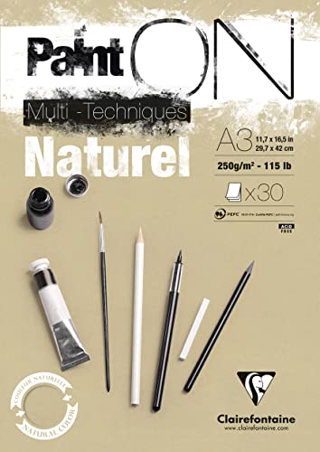 Clairefontaine 96541C Naturel PaintOn Block (250 g, DIN A3, 29,7 x 42 cm, geleimt, 30 Blätter, gut geeignet für Bleistift, Kreide oder PastellIdeal mit rauen Oberfläche und Sandton) naturbraun von Clairefontaine