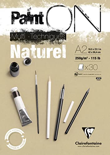 Clairefontaine 96543C Naturel PaintOn Block (250 g, DIN A2, 42 x 59,4 cm, geleimt, 30 Blätter, geeignet für Bleistift, Kreide oder PastellIdeal mit rauen Oberfläche und Sandton) naturbraun von Clairefontaine