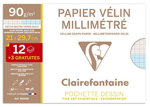 Clairefontaine 96555C - Packung mit 12+3Blatt Milimeterpapier Velin DIN A4 21x297cm, 90g, ideal für technische Zeichnungen, 1 Pack von Clairefontaine