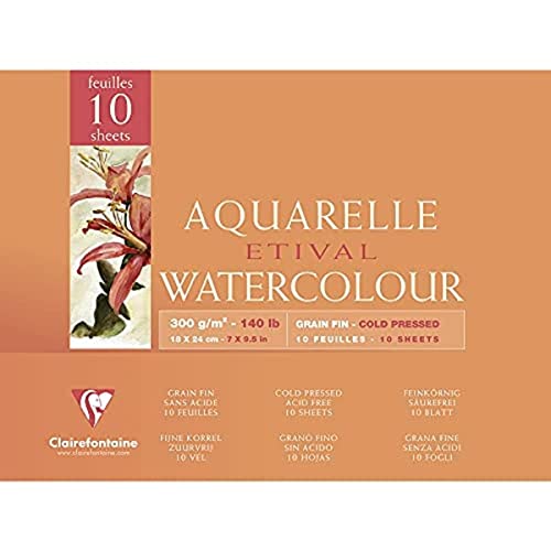 Clairefontaine 96570C Aquarellblock Etival (4-seitig verleimt, 10 Blatt, 300g, für alle Nasstechniken geeignet, feinkörnig, aus 100% Zellulose, 18 x 24 cm) weiß von Clairefontaine