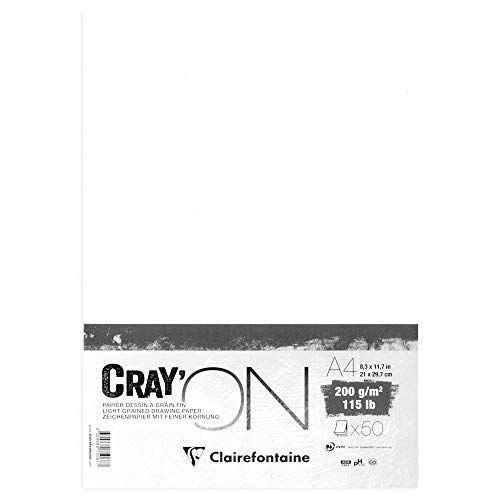 Clairefontaine 975067C Bogen Zeichenpapier Cray’On (50 Blatt, 200 g, Ideal für Trockentechnik, DIN A4, 21 x 29, 7cm) extra Weiß, Pack von Clairefontaine
