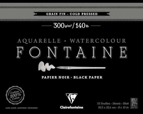 Clairefontaine 975307C - Malblock Fontaine verleimt, mit 12 Blatt, feine Körnung 20,3x25,4 cm 300g, Schwarz von Clairefontaine