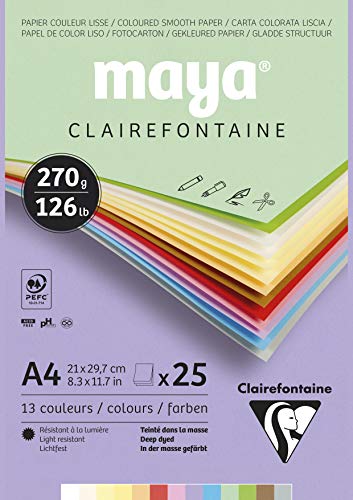 Clairefontaine 975336C - Malblock verleimt mit 25 Blatt Maya Zeichenpapier, glatt 21x29,7 cm 270g, Pastell farbig sortiert (12 Farben + 1 weiß ) von Clairefontaine