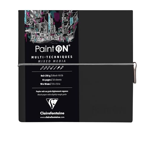 Clairefontaine 975439C - Skizzenbuch mit Fadenbindung, 64 Blatt Zeichenpapier PaintOn Schwarze 19x19 cm 250g, Gummizugverschluss, Softcover Schwarz von Clairefontaine