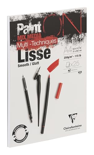 Clairefontaine 975729C - Malblock Paint'On, kopfseitig geleimt, 25 Blatt Zeichenpapier glatt, DIN A4, 21x29,7 cm 250g, Weiß, 1 Stück von Clairefontaine