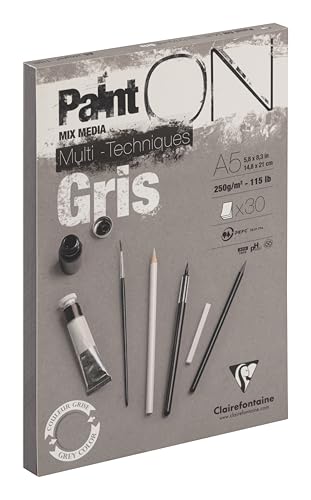 Clairefontaine 975808C - Zeichenblock / Skizzenheft PaintON, DIN A5 14,8x21 cm, kopfseitig geleimt, 30 Blatt, 250g, 100% Zellulose, ideal für Mixmedia, feinkörnung, Grau, 1 Stück von Clairefontaine
