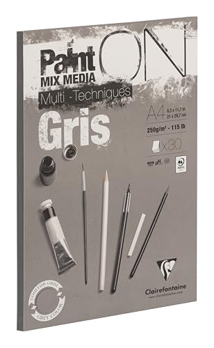 Clairefontaine 975809C - Zeichenblock / Skizzenheft PaintON, DIN A4 21x29,7 cm, kopfseitig geleimt, 30 Blatt, 250g, 100% Zellulose, ideal für Mixmedia, feinkörnung, Grau, 1 Stück von Clairefontaine