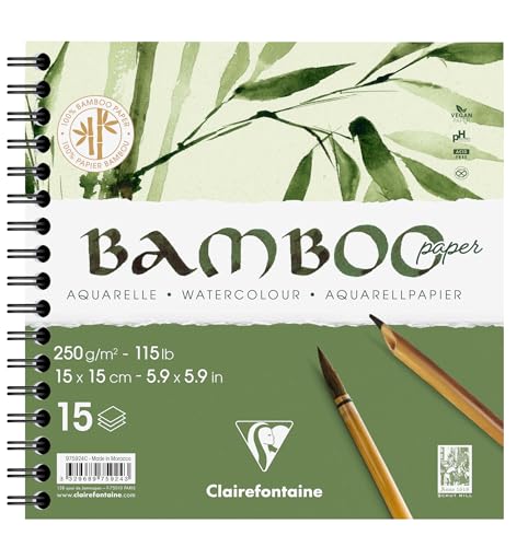 Clairefontaine 975924C - Spiralblock Bamboo Aquarelle, 15 Blatt Bambuspapier 250g, 15x15cm, 1 Block von Clairefontaine