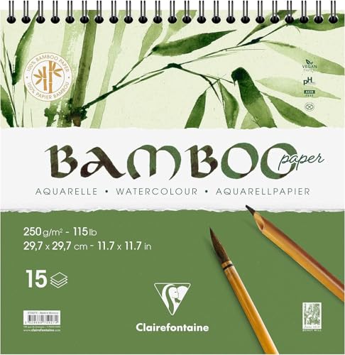 Clairefontaine 975927C - Spiralblock Bamboo Aquarelle, 15 Blatt Bambuspapier 250g, 29,7x29,7cm, 1 Block von Clairefontaine