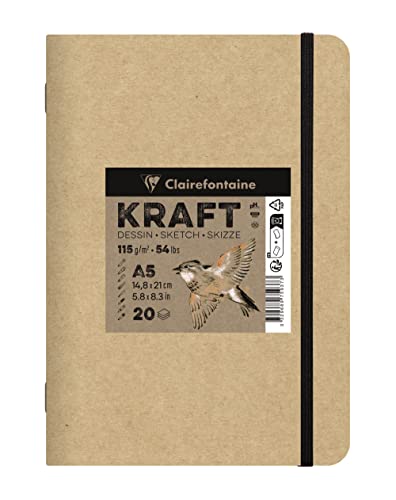 Clairefontaine 975937C - Skizzenbuch Kraft Natur DIN A5 14,8x21cm, geheftet, 20 Blatt 115g, ideal für Multitechniken, 1 Skizzenbuch von Clairefontaine