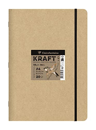 Clairefontaine 975938C - Skizzenbuch Kraft Natur DIN A4 21x29,7cm, geheftet, 20 Blatt 115g, ideal für Multitechniken, 1 Skizzenbuch von Clairefontaine