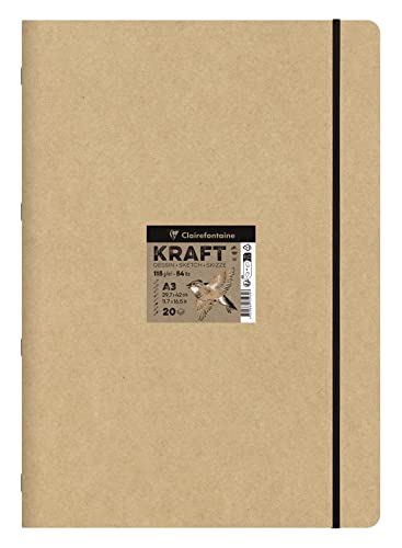 Clairefontaine 975939C - Skizzenbuch Kraft Natur DIN A3 29,7x42cm, geheftet, 20 Blatt 115g, ideal für Multitechniken, 1 Skizzenbuch von Clairefontaine