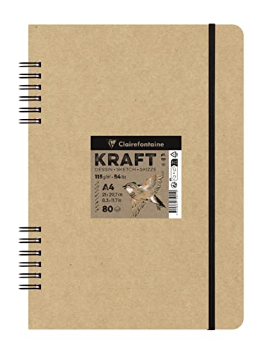 Clairefontaine 975941C - Skizzenbuch Kraft Natur mit Doppelspirale, 80 Blatt 115g, DIN A4 21x29,7cm, ideal für Multitechniken, 1 Skizzenbuch von Clairefontaine