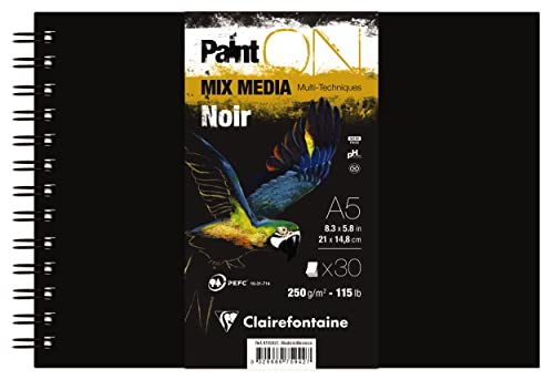 Clairefontaine 975942C - Skizzenbuch spiralgebunden PaintON Schwarz 250g 30 Blatt DIN A5, 14,8x21cm, 1 Stück von Clairefontaine