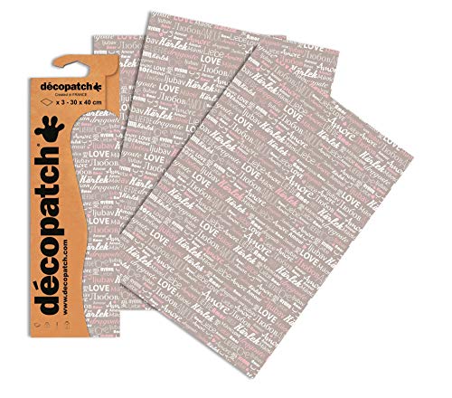 Decopatch Papier No. 686 (grau pink Schrift Love, 395 x 298 mm) 3er Pack von Decopatch