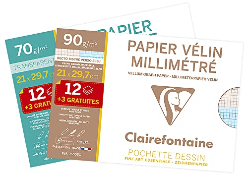 Clairefontaine 196854AMZC - Set mit 1 Packung Milimetepapier 90g + 1 Packung Transparentpapier 70/75g, 2 Pack von Clairefontaine