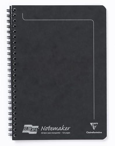 Clairefontaine 4852Z - Heft Europa Notemaker mit Spiralbindung 60 Blatt mikroperforiert 14,8x21 cm 90g liniert, 1 Stück, Schwarz von Clairefontaine