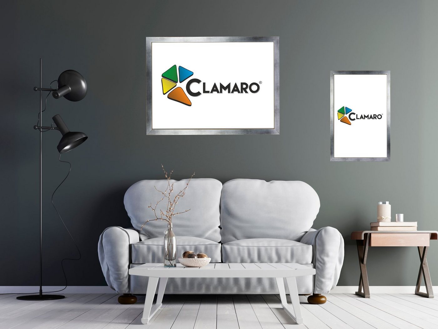 Clamaro Bilderrahmen Bilderrahmen CLAMARO 'Collage' handgefertigt nach Maß FSC® Holz Moderner eckiger MDF Rahmen inkl. Acrylglas, Rückwand und Aufhänger 47,5x66,5 in silber gebürstet von Clamaro