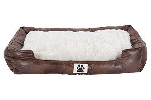 CLAMARO 'DeluxePet' Hundebett braun 80x60 aus Kunstleder mit 2in1 Wendekissen, Hundekissen für große Hunde mit Einer Fell und Leder Seite, Seiten weich gepolstert, Anti-Rutsch Rückseite von CLAMARO