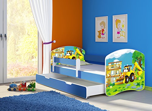 CLAMARO 'Fantasia Blau' 160 x 80 Kinderbett Set inkl. Matratze, Lattenrost und mit Bettkasten Schublade, mit verstellbarem Rausfallschutz und Kantenschutzleisten, Design: 20 Bagger von CLAMARO