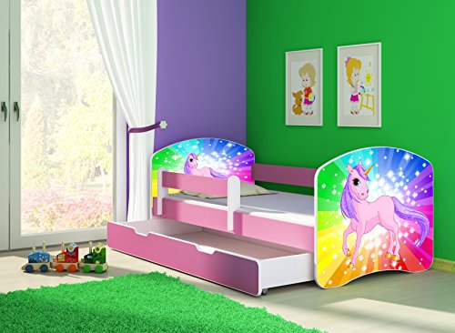 CLAMARO 'Fantasia Pink' 160 x 80 Kinderbett Set inkl. Matratze, Lattenrost und mit Bettkasten Schublade, mit verstellbarem Rausfallschutz und Kantenschutzleisten, Design: 18 Einhorn Regenbogen von CLAMARO