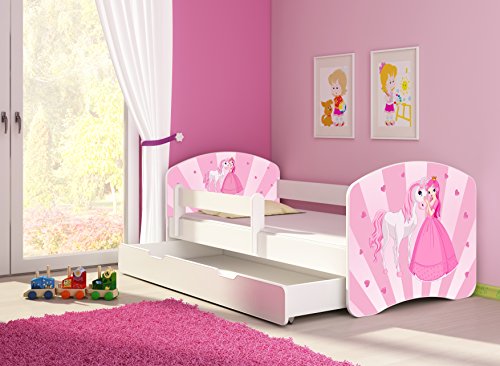 CLAMARO 'Fantasia Weiß' 140 x 70 Kinderbett Set inkl. Matratze, Lattenrost und mit Bettkasten Schublade, mit verstellbarem Rausfallschutz und Kantenschutzleisten, Design: 08 Prinzessin Einhorn von CLAMARO