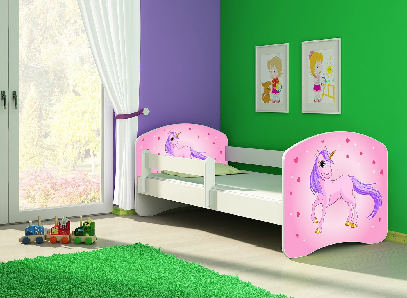 Clamaro Kinderbett (Kinderbett, Babybett 70x140, 80x160, 80x180cm Juniorbett, Kind, Motiv, Schublade CLAMARO) von Clamaro