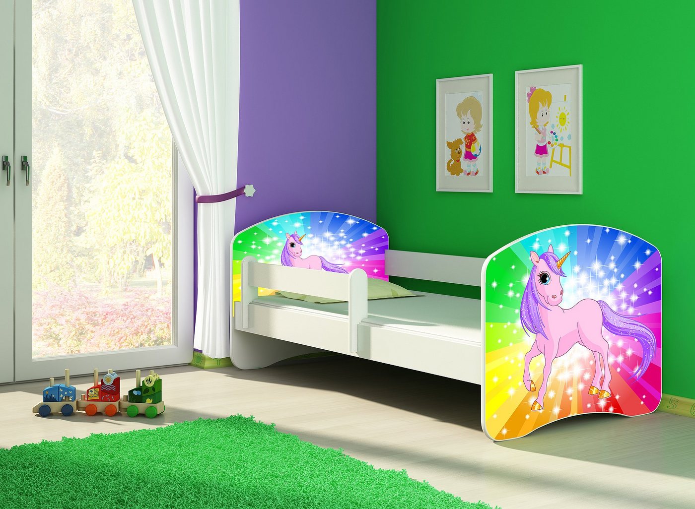 Clamaro Kinderbett (Kinderbett, Babybett 70x140, 80x160, 80x180cm Juniorbett, Kind, Motiv, Schublade CLAMARO) von Clamaro