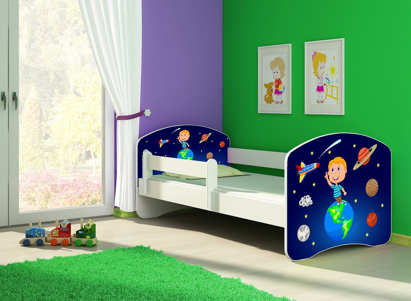 Clamaro Kinderbett (Kinderbett, Babybett 70x140, 80x160, 80x180cm Juniorbett, Kind, Motiv, Schublade CLAMARO) von Clamaro