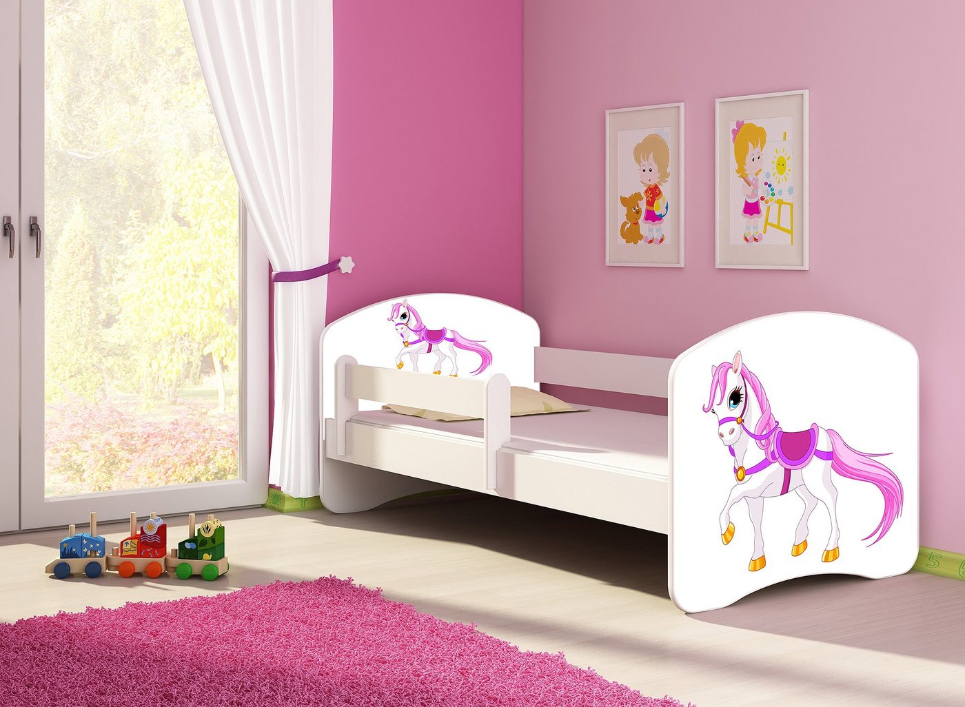 Clamaro Kinderbett (Kinderbett, Babybett 70x140, 80x160, 80x180cm Juniorbett, Kind, Motiv, Schublade CLAMARO) von Clamaro