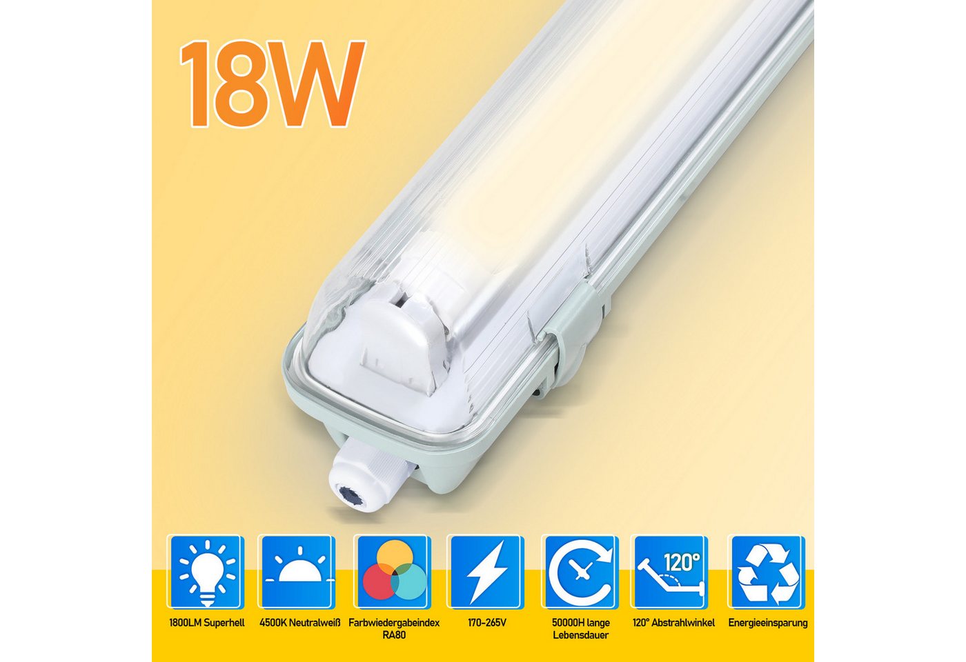 Clanmacy Außen-Deckenleuchte LED Feuchtraumleuchte Wannenleuchte Wannenleuchte T8 LED Röhre IP65, 1X18W 120CM, Neutralweiß von Clanmacy