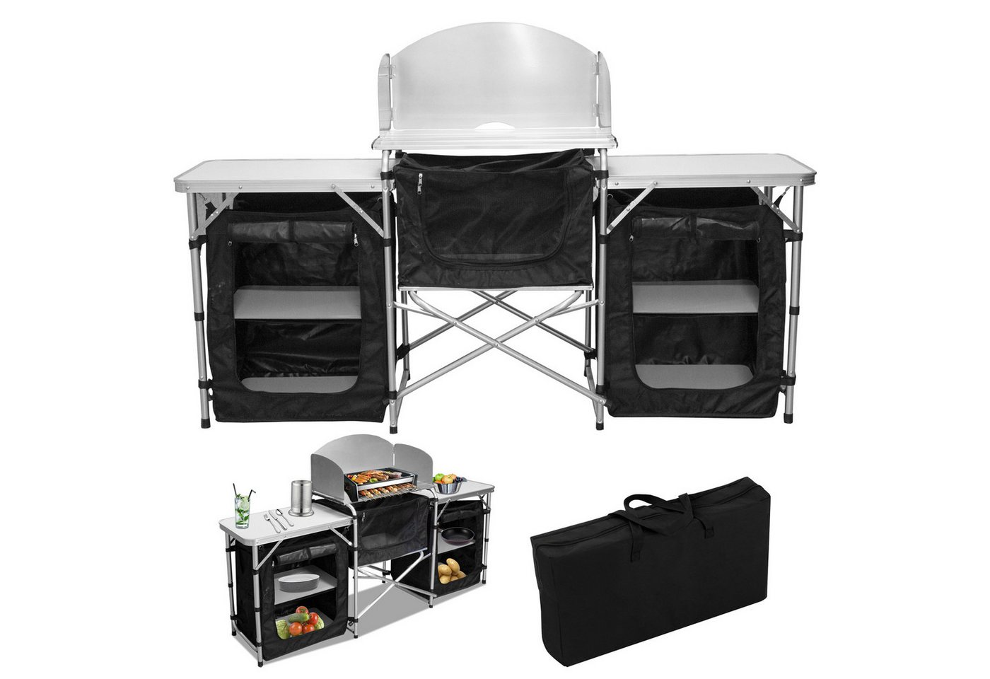 Clanmacy Campingtisch Campingküche aus Alu, 164.5x52x104cm, inkl.Tragetasche, faltbar (1 Tisch ink.Tragetasche), Tischplatte aus MDF von Clanmacy