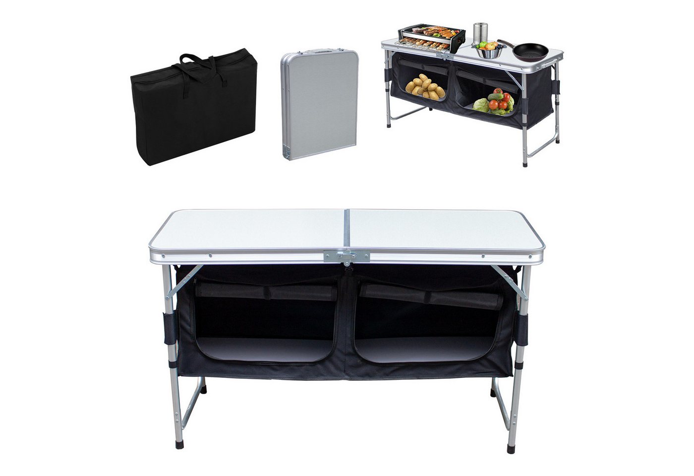 Clanmacy Campingtisch tragbar Campingküche, inkl.Tragetasche, 120x47x68cm, höhenverstellbar (1 Tisch ink.Tragetasche), Tischplatte aus MDF von Clanmacy