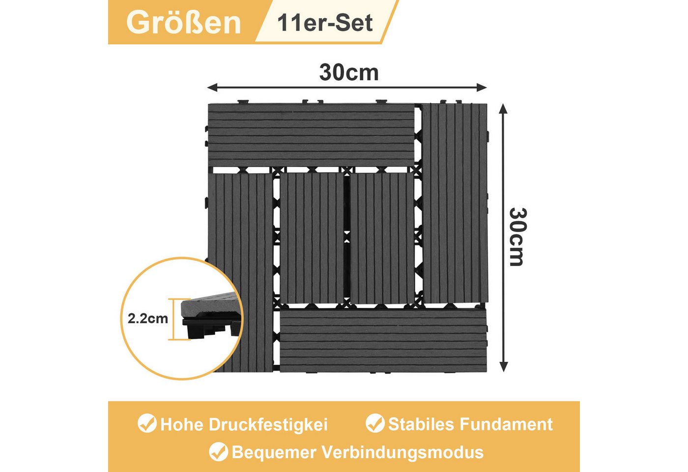 Clanmacy Holzfliesen Terrassenplatte Balkonfliesen mit Drainage und Klicksystem für Garten, 55 St., Größe: 30x30cm (LxB), Farbe: Anthrazit/Braun von Clanmacy