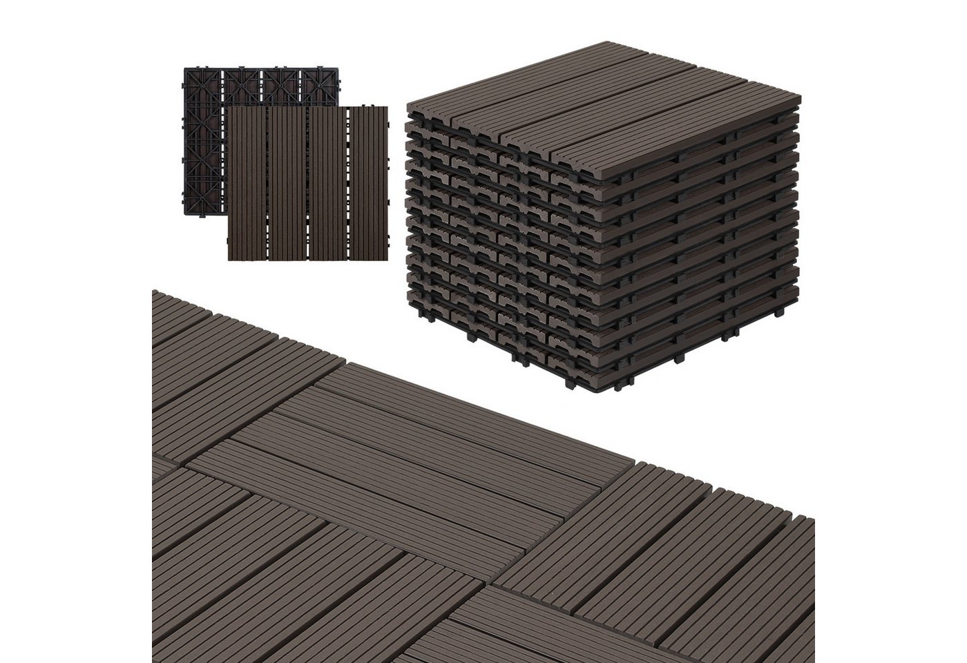 Clanmacy Holzfliesen WPC-Terrassenfliesen Klickfliesen 11x mit Drainagensystem, Größe: 30x30cm (LxB), Farbe: Dunkelbraun/Teak von Clanmacy