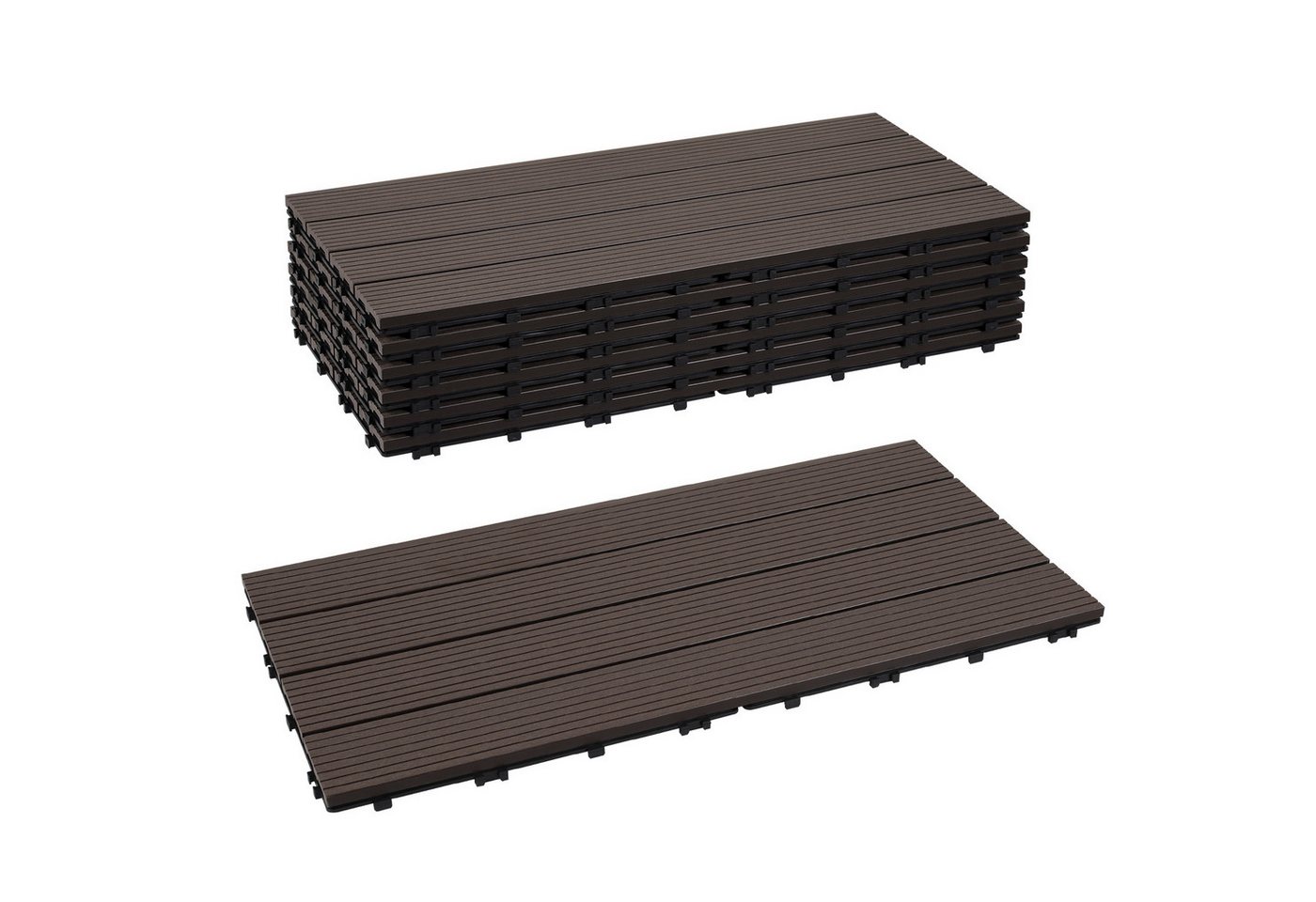 Clanmacy Holzfliesen WPC Terrassenplatte mit Drainage und Klicksystem für Garten Balkon, 24 St., Größe: 60x30cm (LxB), Farbe: Dunkelbraun/Teak von Clanmacy
