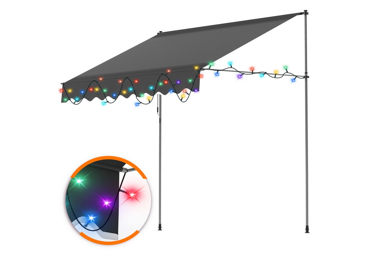 Clanmacy Klemmmarkise Klemmmarkise mit LED 400cm Balkonmarkise Markise mit Handkurbel Grau von Clanmacy