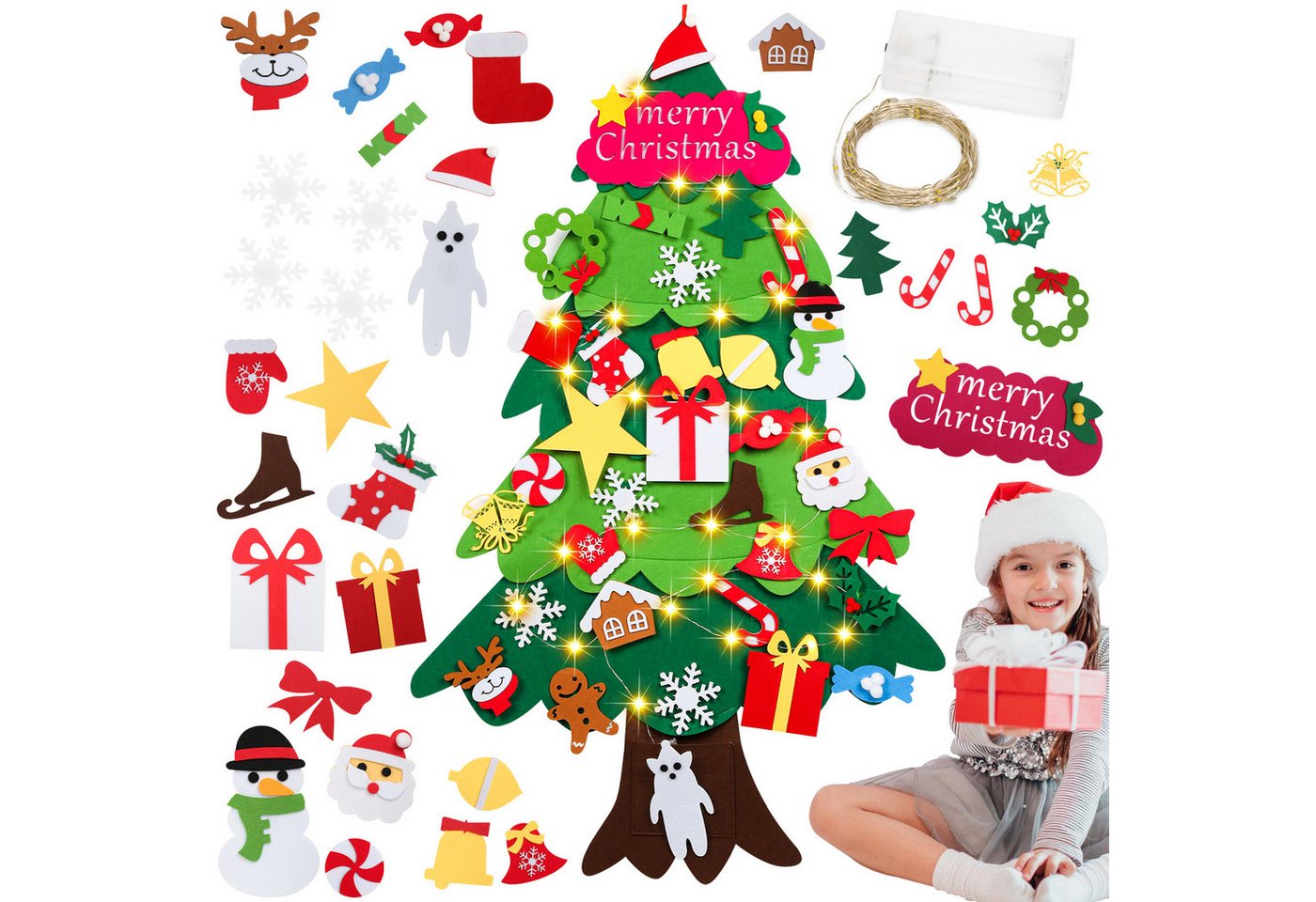 Clanmacy Künstlicher Weihnachtsbaum DIY Filz-Weihnachtsbaum Set LED Lichterkette,33tlg,Kinderfreundlich von Clanmacy