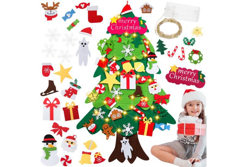 Clanmacy Künstlicher Weihnachtsbaum DIY Filz-Weihnachtsbaum Set LED Lichterkette,33tlg,Kinderfreundlich von Clanmacy